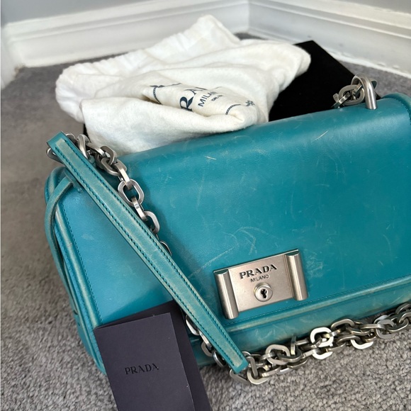 Prada Handbags - Prada Turquoise Distressed Leather Crossbody Bag